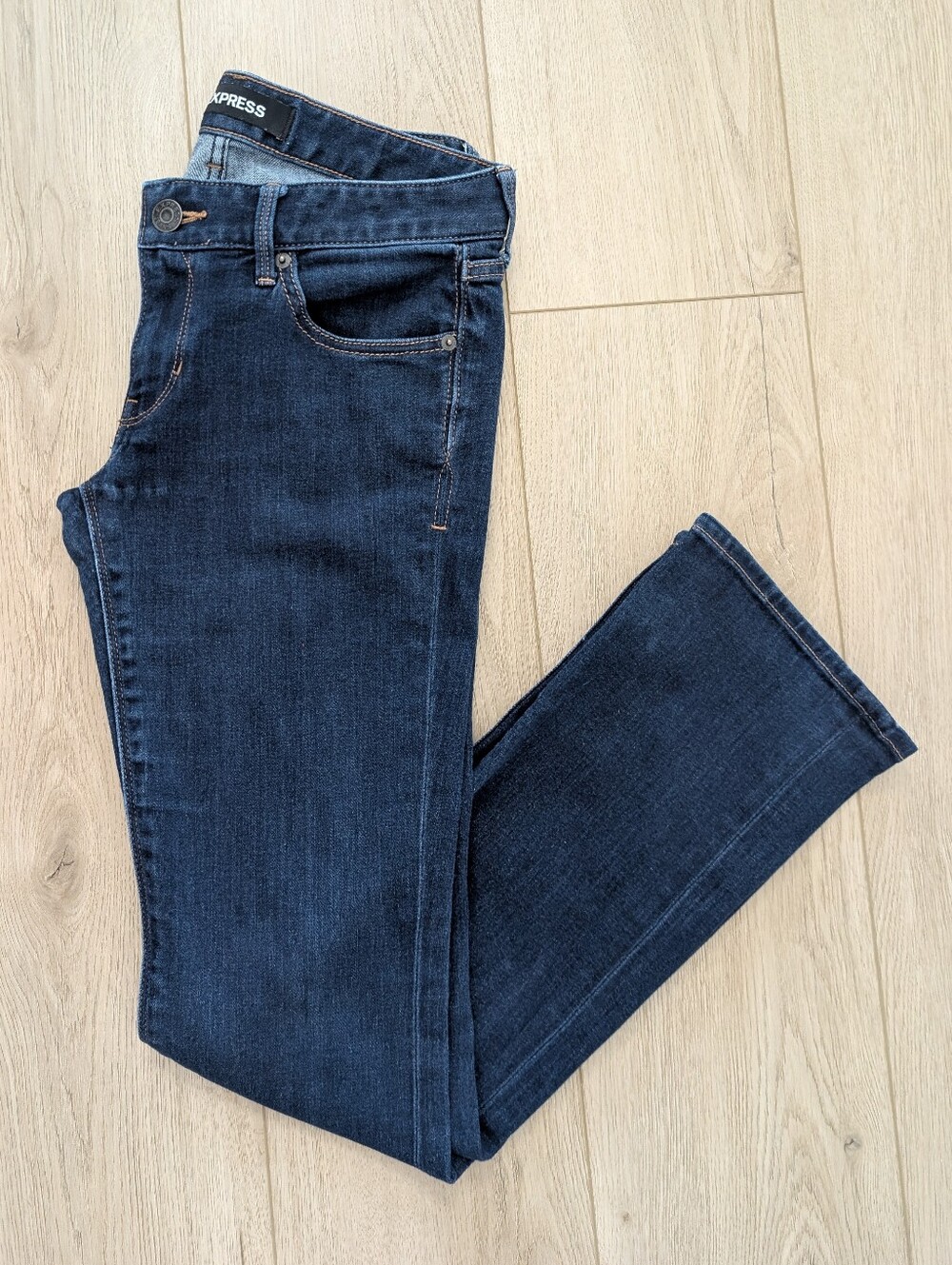 Express Women's Barely Boot Low Rise Jeans | Dark Blue Stretch Denim Jeans